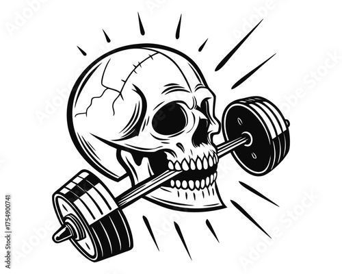 A black and white illustration of a skull biting down on a barbell, symbolizing strength and determination