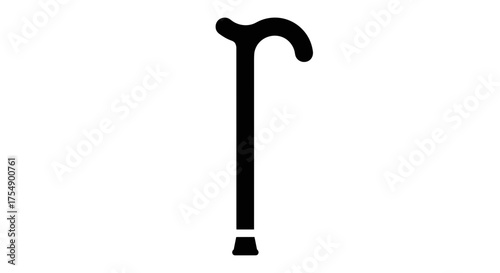 Simple black silhouette of a classic walking cane on a white background.