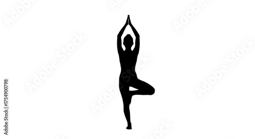 Simple black silhouette of a person in yoga tree pose.