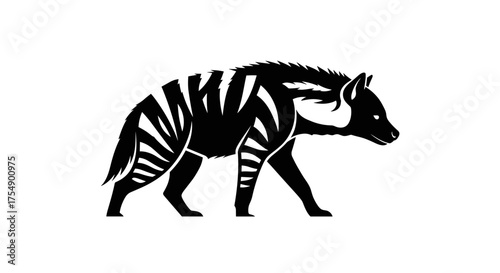 Striped Hyena Walking Side View Black and White Illustration.