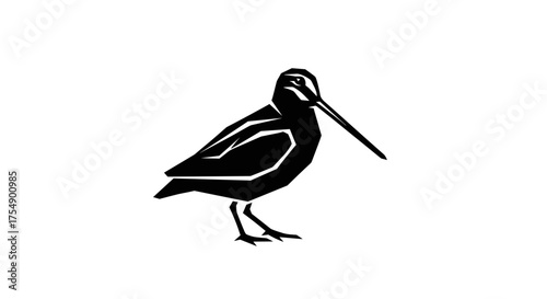 Stylized black and white illustration of a snipe bird with a long beak isolated on a white background.