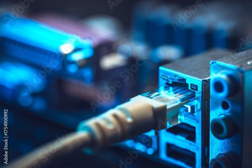 Fiber Optic cables connected to an optic ports and Network cables connected to ethernet ports.