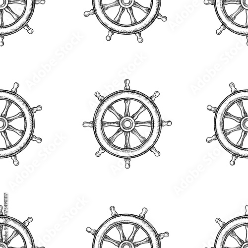 Seamless pattern with ship s steering wheels. Black and white graphics, hand-drawn vector illustrations. For children s games and celebrations. For textiles, packaging, decor, wallpapers, and more.