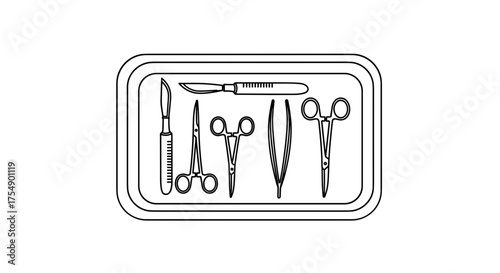 Surgical Instruments Set on a Medical Tray Line Art.