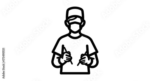 Surgeon in scrubs holding surgical instruments ready for operation.