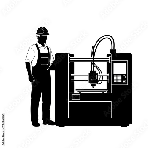 CNC Machine Operator Silhouette – Industrial Worker Using Automated Milling Equipment Vector