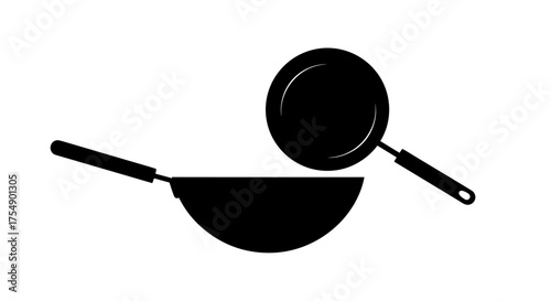 Wok and frying pan kitchen cookware silhouette icons isolated on white.