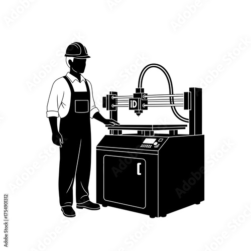 CNC Machine Operator Silhouette – Industrial Worker Using Automated Milling Equipment Vector