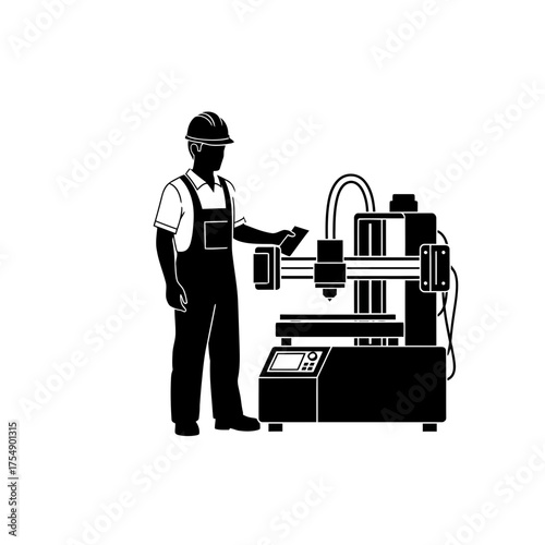 CNC Machine Operator Silhouette – Industrial Worker Using Automated Milling Equipment Vector