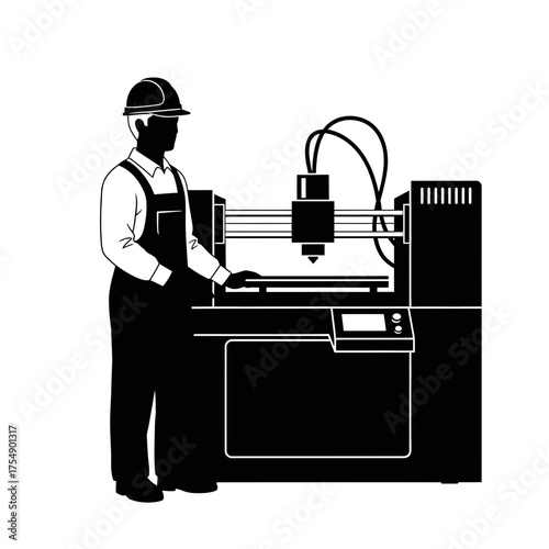 CNC Machine Operator Silhouette – Industrial Worker Using Automated Milling Equipment Vector