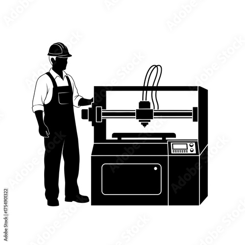 CNC Machine Operator Silhouette – Industrial Worker Using Automated Milling Equipment Vector
