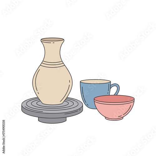 Pottery and Ceramic Cups Illustration – Handmade Clay Vase and Bowls Vector Design