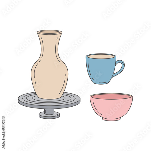 Pottery and Ceramic Cups Illustration – Handmade Clay Vase and Bowls Vector Design