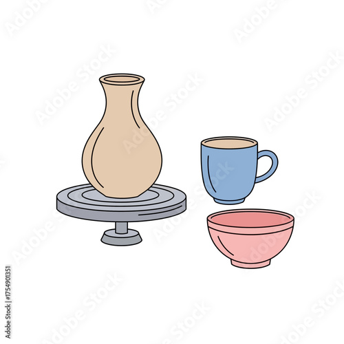 Pottery and Ceramic Cups Illustration – Handmade Clay Vase and Bowls Vector Design