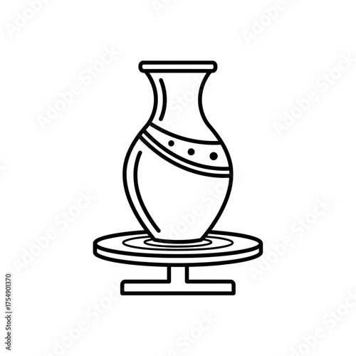 Pottery Wheel Outline Icon – Clay Vase Making Line Art Symbol Vector Illustration