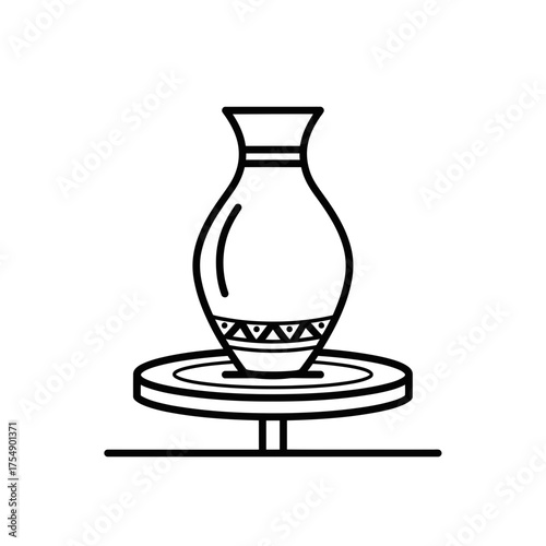 Pottery Wheel Outline Icon – Clay Vase Making Line Art Symbol Vector Illustration