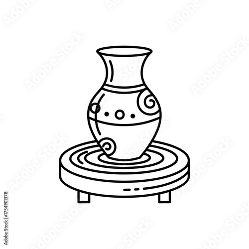 Pottery Wheel Outline Icon – Clay Vase Making Line Art Symbol Vector Illustration