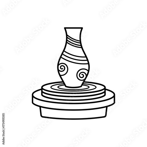 Pottery Wheel Outline Icon – Clay Vase Making Line Art Symbol Vector Illustration