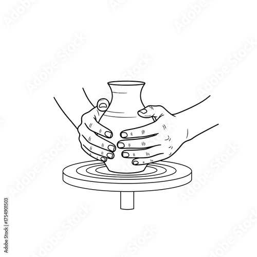 Hands Shaping Clay on Pottery Wheel – Ceramic Crafting Outline Vector Illustration