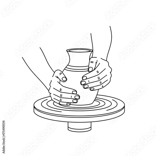 Hands Shaping Clay on Pottery Wheel – Ceramic Crafting Outline Vector Illustration