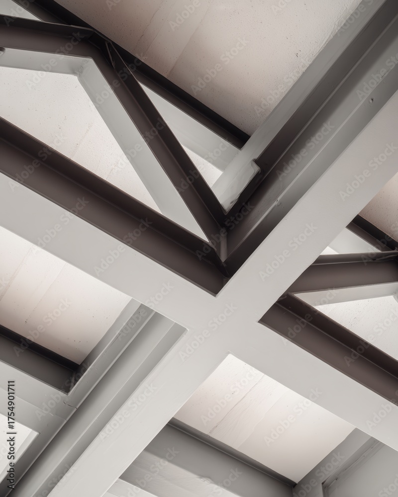 Fototapeta premium Modern Architectural Detail of a Gray Ceiling with Symmetrical Support Beams and Structural Elements