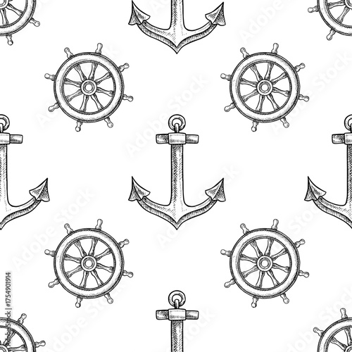 Seamless pattern with ship s steering wheels. Black and white graphics, hand-drawn vector illustrations. For children s games and celebrations. For textiles, packaging, decor, wallpapers, and more.