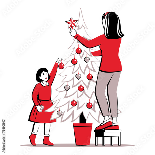 Mother and child decorating a Christmas tree together