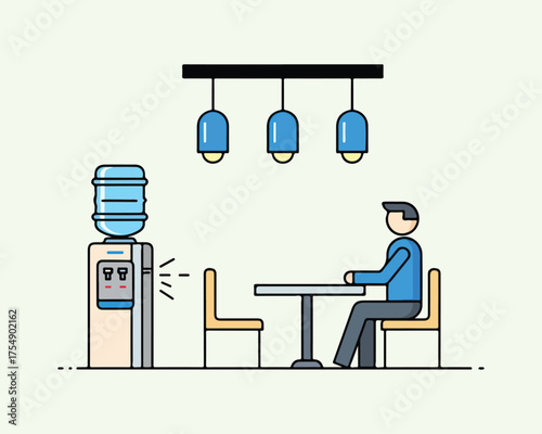 Workplace Leisure and Rest. Employee on Break Next to Water Dispenser