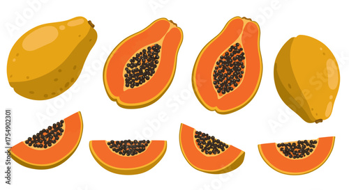 Illustration of Whole and Sliced Papayas with Seeds.