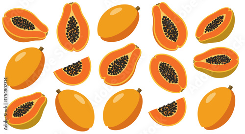 Assortment of Fresh Papaya Fruit Slices and Whole Fruits.