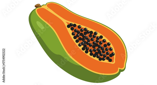 Half-Cut Papaya Fruit with Black Seeds Illustration.
