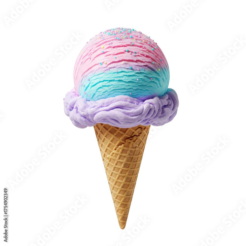 A whimsical twoscoop ice cream cone with pink, blue, and purple swirls, topped with sprinkles, isolated on transparent background