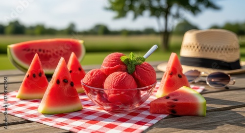 Refreshing watermelon ice cream scoops served in a glass bowl on a checkered picnic blanket outdoors with watermelon slices and a straw hat