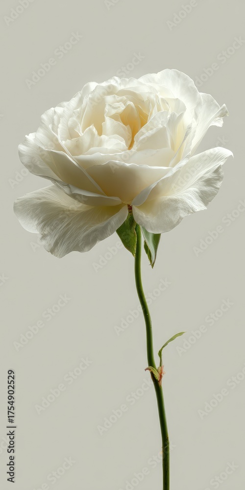Fototapeta premium Creamy white rose blossom on its slender green stem