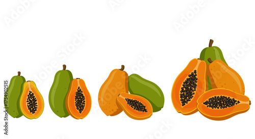 Fresh Papaya Fruits with Seeds, Whole and Halved