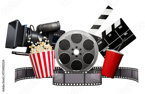 Cinema, illustrazione di cinepresa, ciak, pellicola e popcorn su sfondo trasparente. Rendering 3d