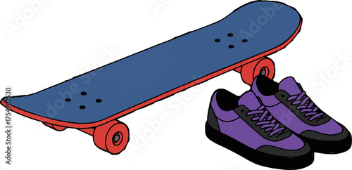 Skateboard and sneakers illustration against a black studio backdrop art