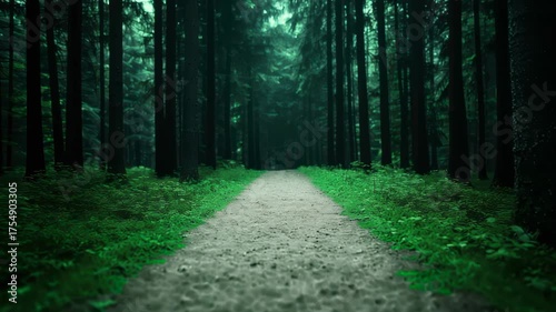 Serene Narrow Path Through Lush Green Forest Surrounded by Tall Trees and Soft Light Filtering Through the Canopy