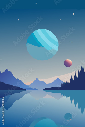 Peaceful dreamland landscape with floating planets and reflecting water vector illustration vector