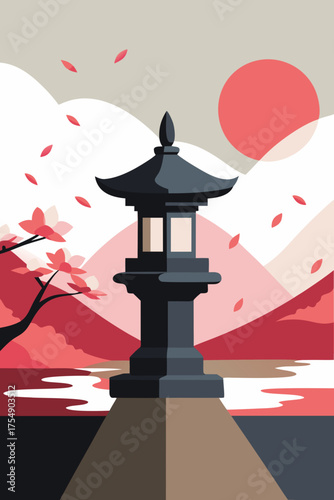Serene japanese garden landscape vector illustration with stone lantern and cherry blossoms vector