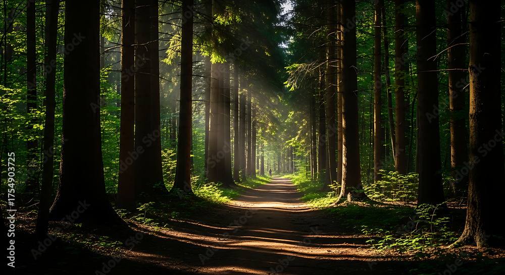 Fototapeta premium A path through a dense forest with tall trees and sunlight streaming through the canopy creating shadows