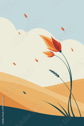 Windy spring field illustration with fluttering petals and delicate flowers vector art vector