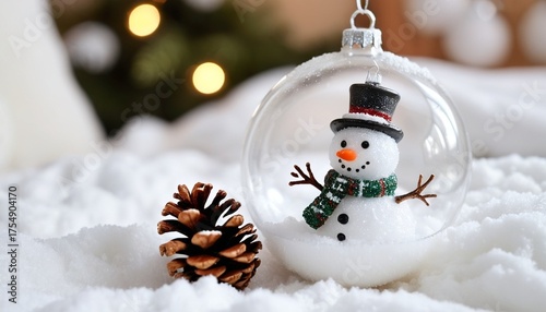 Cheerful snowman in a glass bauble on fluffy snow, pinecone nearby, warm bokeh background. Cosy holiday mood, playful winter magic, festival home decor, Christmas joy, nostalgia and wonder