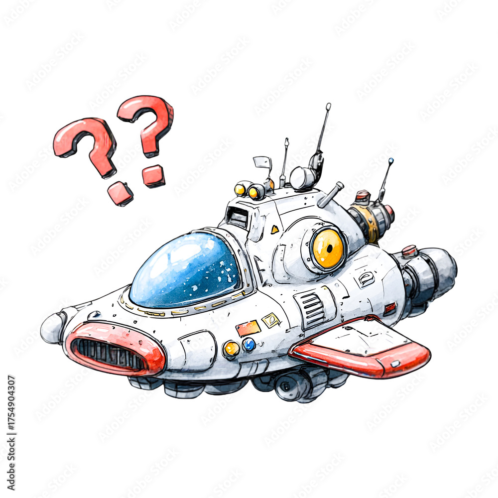 Fototapeta premium Whimsical cartoon spaceship with big yellow eyes and question marks isolated on transparent background