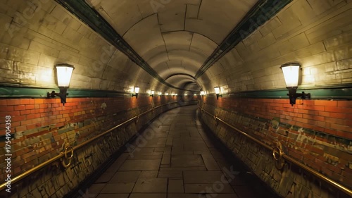 Atmospheric subway tunnel with vintage architecture and glowing lights stretching into the distance, evoking mystery and exploration.
