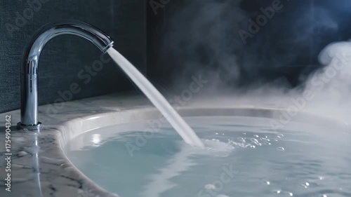 Sink faucet gushing water and dense steam, room enveloped in misty vapor suggesting heat and humidity.

