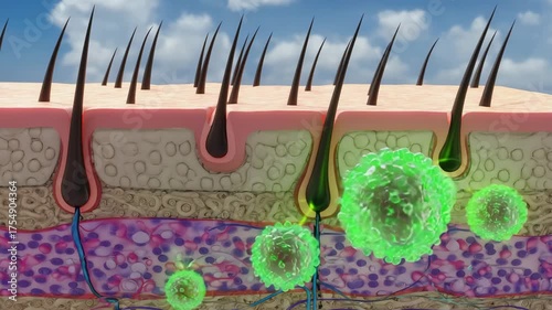 Clinical visualization of exosome therapy driving hair regrowth, showing vesicles docking and fusing with scalp cells around active follicles.
