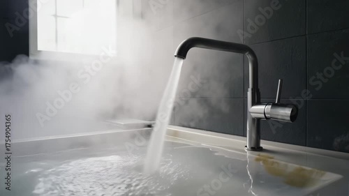 Sink faucet gushing water and dense steam, room enveloped in misty vapor suggesting heat and humidity.
