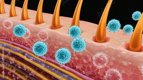 Clinical visualization of exosome therapy driving hair regrowth, showing vesicles docking and fusing with scalp cells around active follicles.

