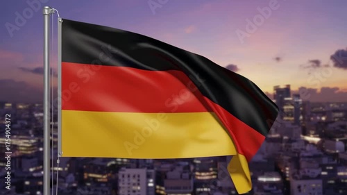 Germany’s national flag waving gracefully in the wind, showing bold black, red, and gold stripes in motion.
